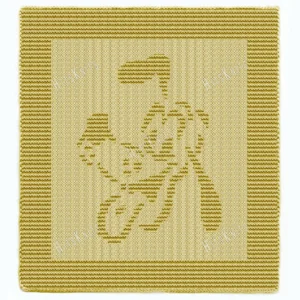 Free Pluto Knit and Purl Panel Knitting Pattern showing the Disney dog Pluto in raised knit and purl texture on a solid mustard yellow panel with a garter stitch border, worked in one color, 100 stitches x 146 rows.