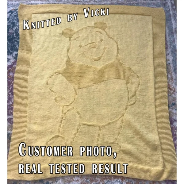 Pooh Bear knitted baby blanket with a textured honey bear design inspired by Winnie the Pooh, framed by a wide garter stitch border