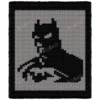 Batman Finger Knit Blanket Pattern - bold Batman silhouette with cape and cowl standing beside the Batmobile, worked in stockinette colorwork intarsia with 2 colors: Gray and Black.