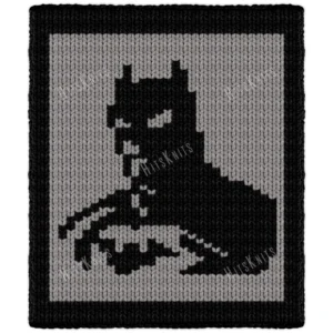 Batman Finger Knit Blanket Pattern - bold Batman silhouette with cape and cowl standing beside the Batmobile, worked in stockinette colorwork intarsia with 2 colors: Gray and Black.