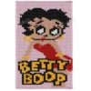 Retro Betty Boop Chunky Blanket Pattern featuring Betty Boop in a red dress on a pink background, worked in stockinette colorwork intarsia with 6 colors: Pink, Black, Beige, Gold, Red, and White.