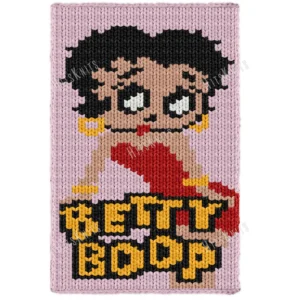 Retro Betty Boop Chunky Blanket Pattern featuring Betty Boop in a red dress on a pink background, worked in stockinette colorwork intarsia with 6 colors: Pink, Black, Beige, Gold, Red, and White.