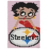Steelers Betty Boop Finger Blanket Pattern featuring Betty Boop in a red dress above a football-inspired emblem on a pink background, worked in stockinette colorwork with 8 colors: Pink, Black, White, Beige, Gray, Red, Gold, and Blue.