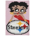 Steelers Betty Boop Finger Blanket Pattern featuring Betty Boop in a red dress above a football-inspired emblem on a pink background, worked in stockinette colorwork with 8 colors: Pink, Black, White, Beige, Gray, Red, Gold, and Blue.