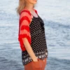 Easy striped lace bolero knitting pattern showing a loose summer shrug worked in thin cotton yarn with lace eyelet rows at each colour change, in coral and red stripes, one size fits most.