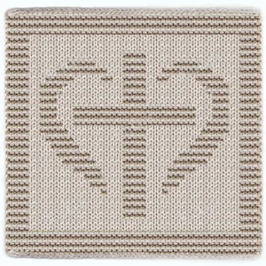 Cross Dishcloth Knitting Pattern showing a textured cross framed within a heart outline on a square knitted cloth with a garter stitch border, worked in one solid color in knit and purl, 46 stitches x 62 rows.
