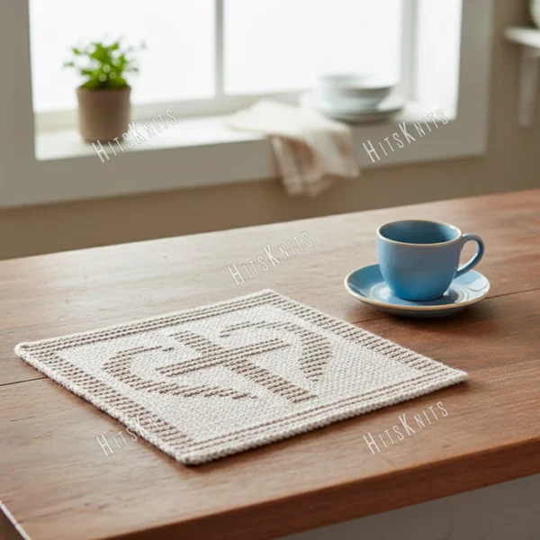 Cross Dishcloth Knitting Pattern showing a textured cross framed within a heart outline on a square knitted cloth with a garter stitch border, worked in one solid color in knit and purl, 46 stitches x 62 rows.