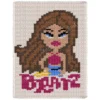 Yasmin Doll Chunky Knit Blanket Pattern - portrait of Yasmin from the Bratz world with long brown hair, blue eyes, pink top, and BRATZ logo beneath the image, worked in stockinette colorwork intarsia with 8 colors: Ivory, Brown, Camel, Wheat, Blue, Black, Magenta, and Gold.