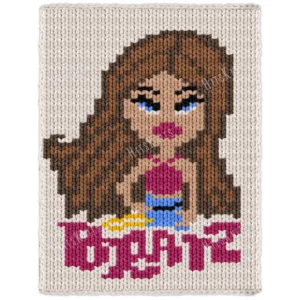 Yasmin Doll Chunky Knit Blanket Pattern - portrait of Yasmin from the Bratz world with long brown hair, blue eyes, pink top, and BRATZ logo beneath the image, worked in stockinette colorwork intarsia with 8 colors: Ivory, Brown, Camel, Wheat, Blue, Black, Magenta, and Gold.