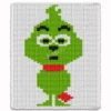 Free Baby Grinch Chunky Throw Knit Pattern - cute baby Grinch character with green fur, large eyes, red scarf, and playful expression, worked in stockinette colorwork intarsia with 4 colors: White, Green, Red, and Black.