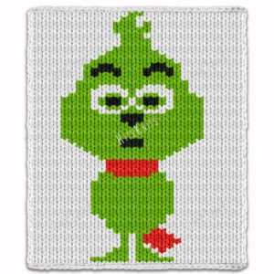 Free Baby Grinch Chunky Throw Knit Pattern - cute baby Grinch character with green fur, large eyes, red scarf, and playful expression, worked in stockinette colorwork intarsia with 4 colors: White, Green, Red, and Black.