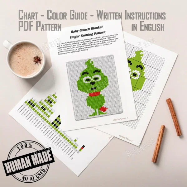 Free Baby Grinch Chunky Throw Knit Pattern - cute baby Grinch character with green fur, large eyes, red scarf, and playful expression, worked in stockinette colorwork intarsia with 4 colors: White, Green, Red, and Black.