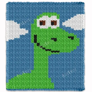 Good Dino Finger Knit Blanket Pattern - friendly green dinosaur under white clouds on a blue sky background, worked in stockinette colorwork intarsia with 5 colors: Blue, Lime, White, Black, and Brown.