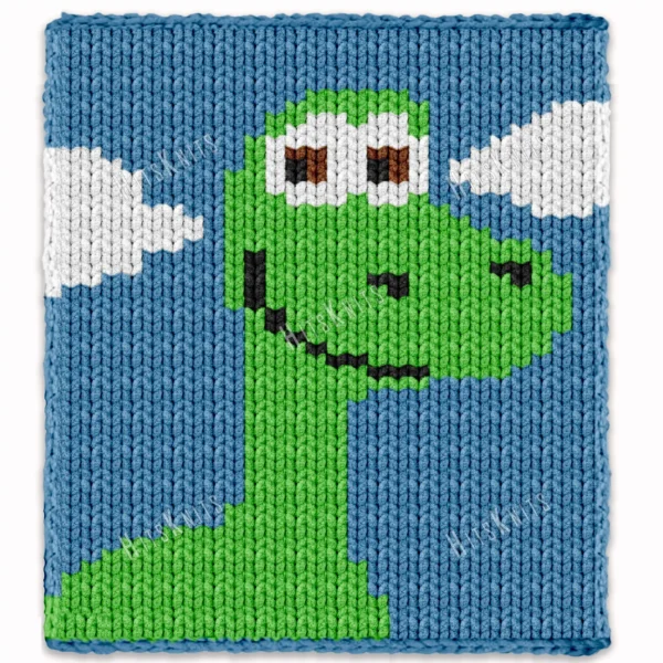 Good Dino Finger Knit Blanket Pattern - friendly green dinosaur under white clouds on a blue sky background, worked in stockinette colorwork intarsia with 5 colors: Blue, Lime, White, Black, and Brown.