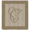 Calligraphic Letter C Panel Knitting Pattern showing a flowing cursive capital letter C in raised knit and purl texture on a square knitted panel with a garter stitch border, worked in one solid color, 100 stitches x 146 rows.