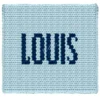 Louis Baby Chunky Blanket Pattern - name LOUIS in bold Navy block letters on Sky blue background, worked in stockinette colorwork intarsia, jumbo chenille baby throw.
