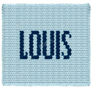 Louis Baby Chunky Blanket Pattern - name LOUIS in bold Navy block letters on Sky blue background, worked in stockinette colorwork intarsia, jumbo chenille baby throw.