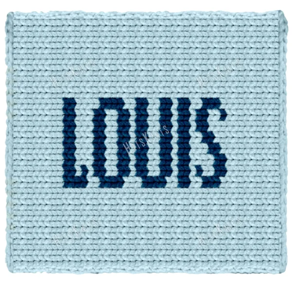 Louis Baby Chunky Blanket Pattern - name LOUIS in bold Navy block letters on Sky blue background, worked in stockinette colorwork intarsia, jumbo chenille baby throw.