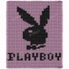 Playboy Bunny Jumbo Yarn Blanket Pattern - black bunny silhouette and text on pink background, worked in stockinette colorwork intarsia with 2 colors: Pink and Black.