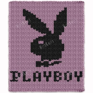 Playboy Bunny Jumbo Yarn Blanket Pattern - black bunny silhouette and text on pink background, worked in stockinette colorwork intarsia with 2 colors: Pink and Black.