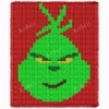 Smiling Grinch Chunky Blanket Pattern - pixel-style graphghan showing the iconic green character face with a wide mischievous smile and red background, bright lime green and yellow details, worked in chunky jumbo yarn colorwork with 5 colors: Red, Lime, Green, Yellow, and Brown.