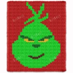 Smiling Grinch Chunky Blanket Pattern - pixel-style graphghan showing the iconic green character face with a wide mischievous smile and red background, bright lime green and yellow details, worked in chunky jumbo yarn colorwork with 5 colors: Red, Lime, Green, Yellow, and Brown.