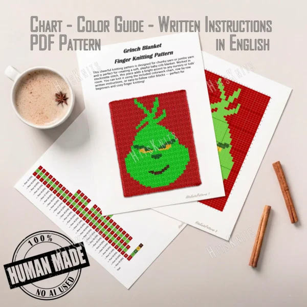 Smiling Grinch Chunky Blanket Pattern - pixel-style graphghan showing the iconic green character face with a wide mischievous smile and red background, bright lime green and yellow details, worked in chunky jumbo yarn colorwork with 5 colors: Red, Lime, Green, Yellow, and Brown.