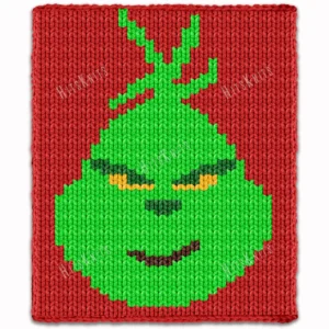 Smiling Grinch Chunky Blanket Pattern - pixel-style graphghan showing the iconic green character face with a wide mischievous smile and red background, bright lime green and yellow details, worked in chunky jumbo yarn colorwork with 5 colors: Red, Lime, Green, Yellow, and Brown.
