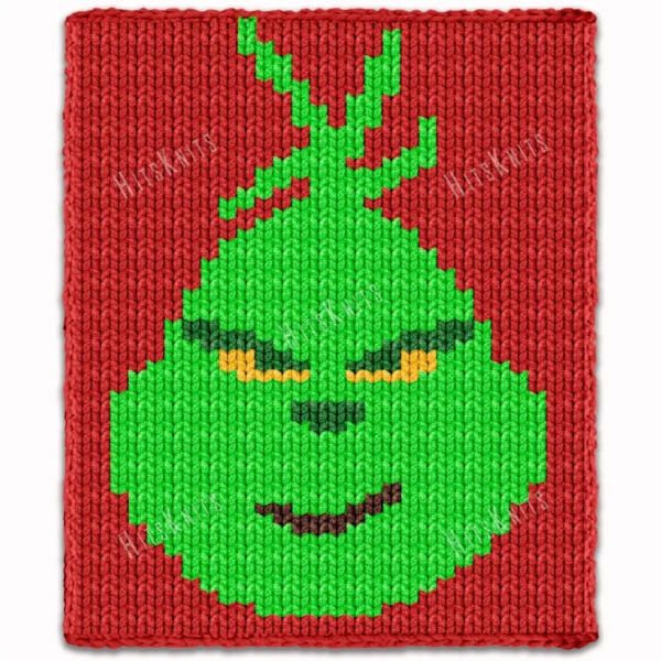 Smiling Grinch Chunky Blanket Pattern - pixel-style graphghan showing the iconic green character face with a wide mischievous smile and red background, bright lime green and yellow details, worked in chunky jumbo yarn colorwork with 5 colors: Red, Lime, Green, Yellow, and Brown.