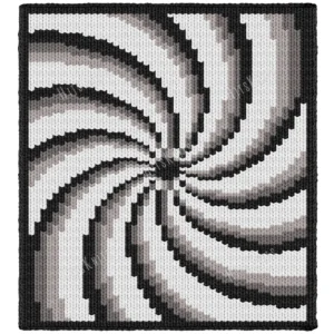 Swirl Spiral Chunky Blanket Knitting Pattern - abstract spiral graphghan in four tones: White, Black, Light Gray, and Medium Gray, worked in stockinette colorwork intarsia with sweeping curved bands radiating from the centre.