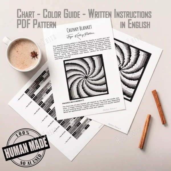 Swirl Spiral Chunky Blanket Knitting Pattern - abstract spiral graphghan in four tones: White, Black, Light Gray, and Medium Gray, worked in stockinette colorwork intarsia with sweeping curved bands radiating from the centre.