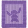 Stitch Silhouette Panel Knitting Pattern showing a textured silhouette of the Disney alien Stitch with large flared ears and a small rounded body on a solid purple panel with a garter stitch border, worked in one color, 100 stitches x 146 rows.