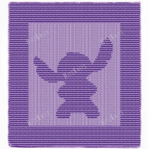 Stitch Silhouette Panel Knitting Pattern showing a textured silhouette of the Disney alien Stitch with large flared ears and a small rounded body on a solid purple panel with a garter stitch border, worked in one color, 100 stitches x 146 rows.
