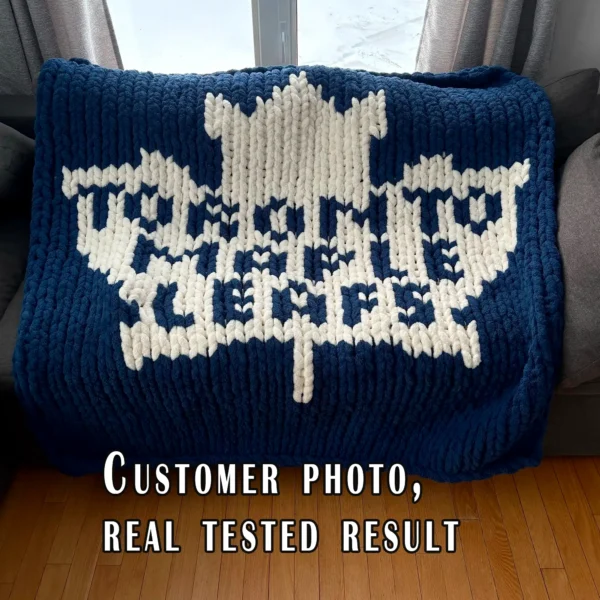 Toronto Maple Leafs Finger Knit Blanket Pattern - white maple leaf logo and team name on royal blue background, worked in stockinette colorwork intarsia with 2 colors: Royal Blue and White.