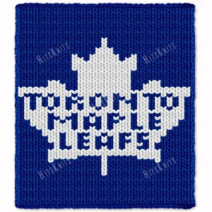 Toronto Maple Leafs Finger Knit Blanket Pattern - white maple leaf logo and team name on royal blue background, worked in stockinette colorwork intarsia with 2 colors: Royal Blue and White.