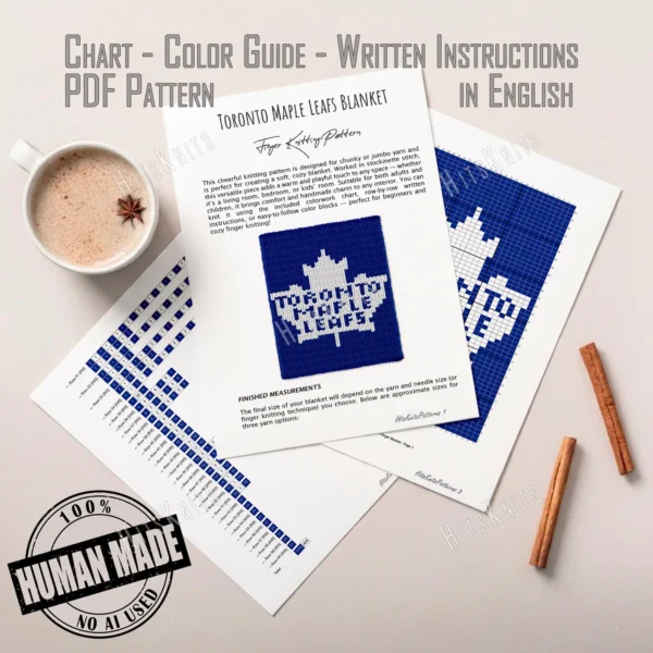 Toronto Maple Leafs Finger Knit Blanket Pattern - white maple leaf logo and team name on royal blue background, worked in stockinette colorwork intarsia with 2 colors: Royal Blue and White.