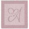 Calligraphic Letter A Panel Knitting Pattern showing a flowing cursive letter A entwined with a heart in raised knit and purl texture on a square knitted panel with a garter stitch border, worked in one solid color, 100 stitches x 146 rows.
