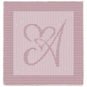 Calligraphic Letter A Panel Knitting Pattern showing a flowing cursive letter A entwined with a heart in raised knit and purl texture on a square knitted panel with a garter stitch border, worked in one solid color, 100 stitches x 146 rows.
