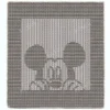 Peeking Mickey Mouse Panel Knitting Pattern showing Mickey Mouse peeking up from the bottom with his round ears, face, and gloved hands gripping the edge, in raised knit and purl texture on a solid sage green panel with a garter stitch border, worked in one color, 100 stitches x 146 rows.
