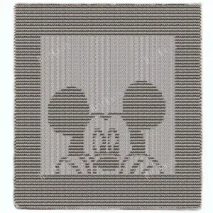 Peeking Mickey Mouse Panel Knitting Pattern showing Mickey Mouse peeking up from the bottom with his round ears, face, and gloved hands gripping the edge, in raised knit and purl texture on a solid sage green panel with a garter stitch border, worked in one color, 100 stitches x 146 rows.