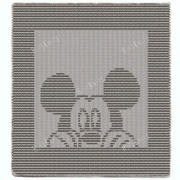 Peeking Mickey Mouse Panel Knitting Pattern showing Mickey Mouse peeking up from the bottom with his round ears, face, and gloved hands gripping the edge, in raised knit and purl texture on a solid sage green panel with a garter stitch border, worked in one color, 100 stitches x 146 rows.
