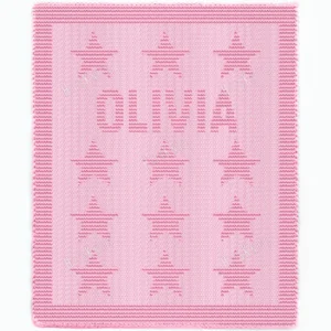 Olivia Blanket Knitting Pattern showing the name Olivia in raised knit and purl lettering with rows of small textured stars, on a solid blush pink blanket with a garter stitch border, worked in one color, 100 stitches x 190 rows.