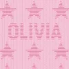Olivia Blanket Knitting Pattern showing the name Olivia in raised knit and purl lettering with rows of small textured stars, on a solid blush pink blanket with a garter stitch border, worked in one color, 100 stitches x 190 rows.