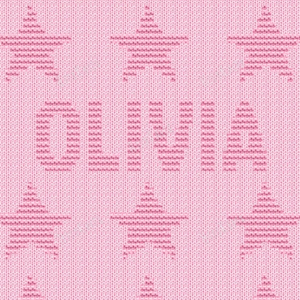 Olivia Blanket Knitting Pattern showing the name Olivia in raised knit and purl lettering with rows of small textured stars, on a solid blush pink blanket with a garter stitch border, worked in one color, 100 stitches x 190 rows.