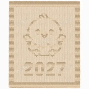 Born in 2027 Baby Chick Knit Blanket Pattern showing a textured silhouette of a newly hatched baby chick sitting in a cracked eggshell with the year 2027 below it, on a solid single-colour blanket with a garter stitch border, worked in one color, 130 stitches x 230 rows.