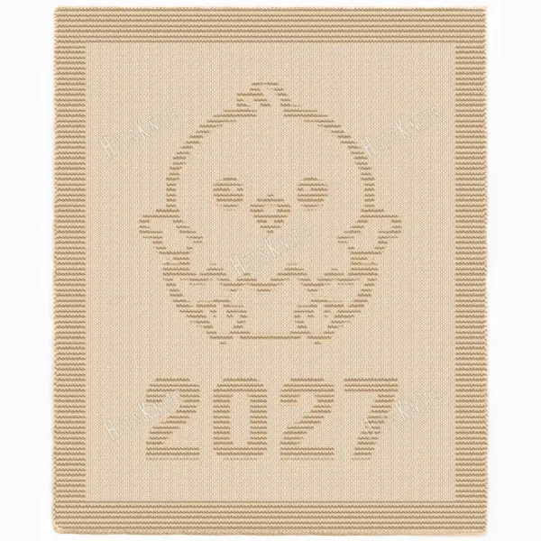 Born in 2027 Baby Chick Knit Blanket Pattern showing a textured silhouette of a newly hatched baby chick sitting in a cracked eggshell with the year 2027 below it, on a solid single-colour blanket with a garter stitch border, worked in one color, 130 stitches x 230 rows.