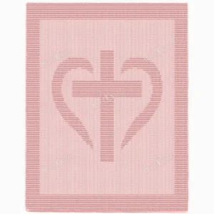Cross and Heart Blanket Knitting Pattern showing a textured silhouette of a cross with a heart at its center, on a solid single-color blanket with a garter stitch border, worked in one color, 135 stitches x 240 rows.