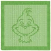 Happy Grinch Blanket Knitting Pattern showing a textured silhouette of a smiling Grinch portrait with a wide grin and pointed features, on a solid single-color blanket with a garter stitch border, worked in one color, 140 stitches x 210 rows.