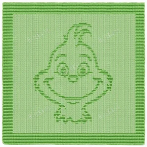 Happy Grinch Blanket Knitting Pattern showing a textured silhouette of a smiling Grinch portrait with a wide grin and pointed features, on a solid single-color blanket with a garter stitch border, worked in one color, 140 stitches x 210 rows.