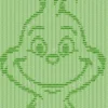 Happy Grinch Blanket Knitting Pattern showing a textured silhouette of a smiling Grinch portrait with a wide grin and pointed features, on a solid single-color blanket with a garter stitch border, worked in one color, 140 stitches x 210 rows.